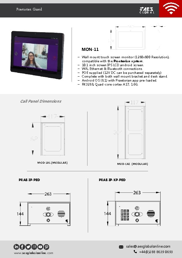 Praetorian Guard MON-11 – Wall mount touch screen monitor (1280 x 800 Resolution), compatible