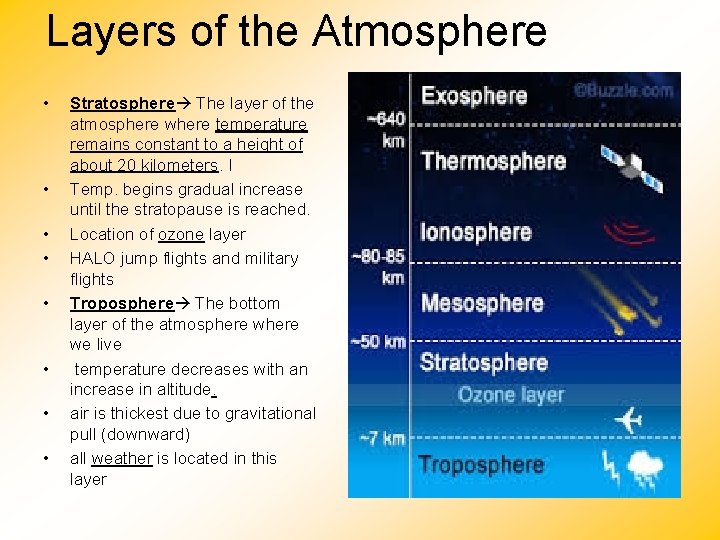 Layers of the Atmosphere • • Stratosphere The layer of the atmosphere where temperature