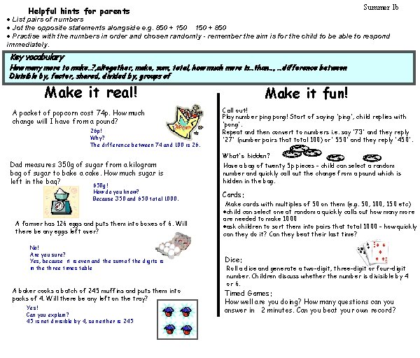 Summer 1 b Helpful hints for parents · List pairs of numbers · Jot