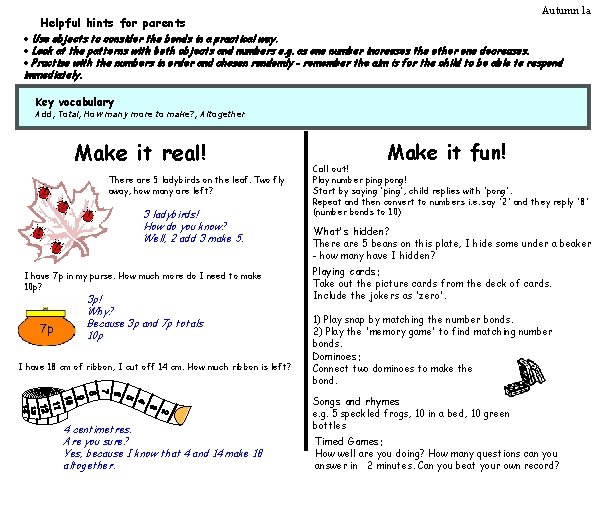 Autumn 1 a Helpful hints for parents · Use objects to consider the bonds