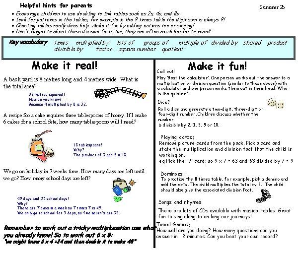 Helpful hints for parents Summer 2 b · Encourage children to use doubling to