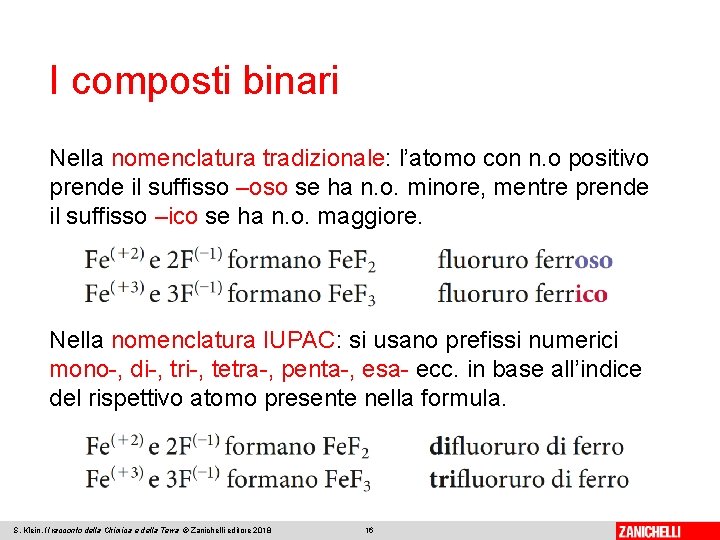 I composti binari Nella nomenclatura tradizionale: l’atomo con n. o positivo prende il suffisso
