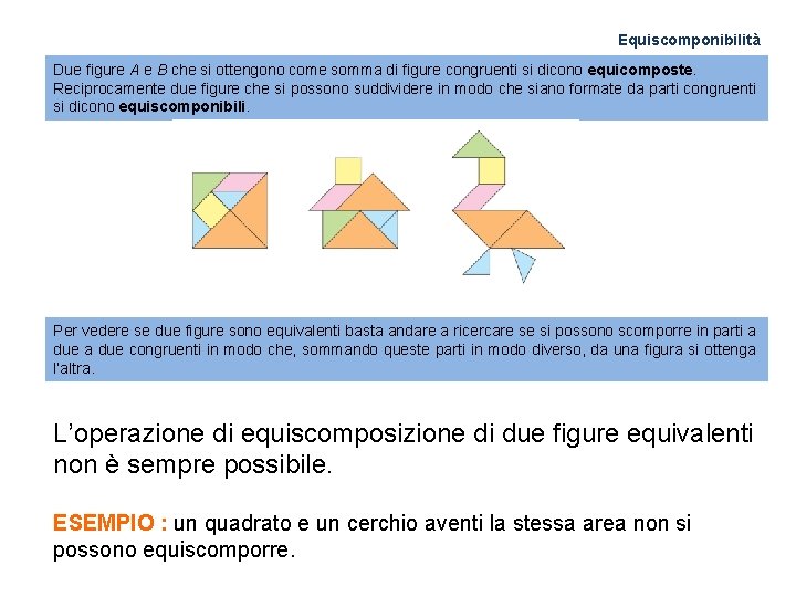 Equiscomponibilità Due figure A e B che si ottengono come somma di figure congruenti