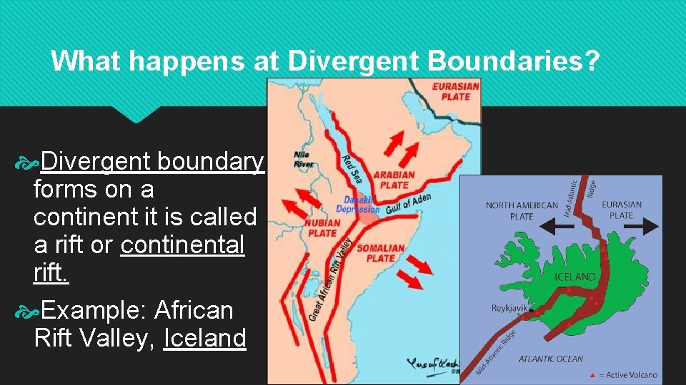 What happens at Divergent Boundaries? Divergent boundary forms on a continent it is called