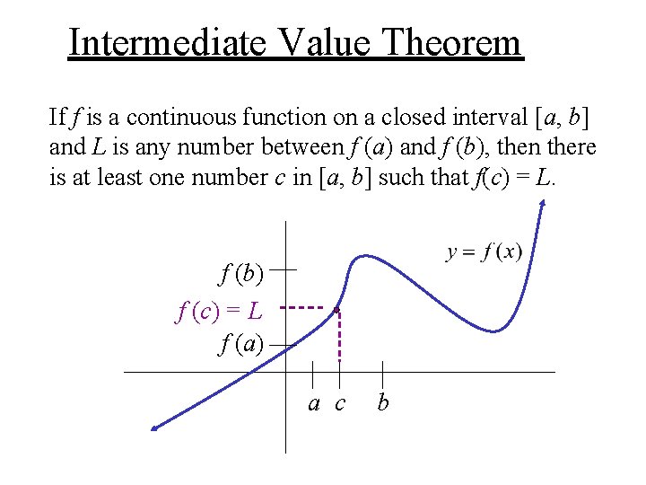 Intermediate Value Theorem If f is a continuous function on a closed interval [a,