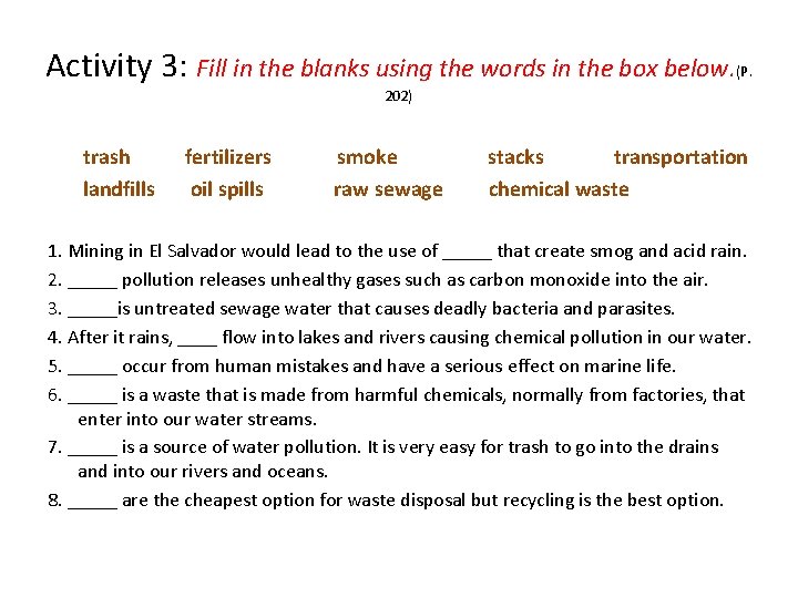 Activity 3: Fill in the blanks using the words in the box below. (P.