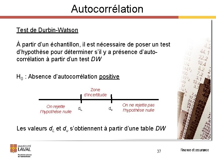 Autocorrélation Test de Durbin-Watson À partir d’un échantillon, il est nécessaire de poser un