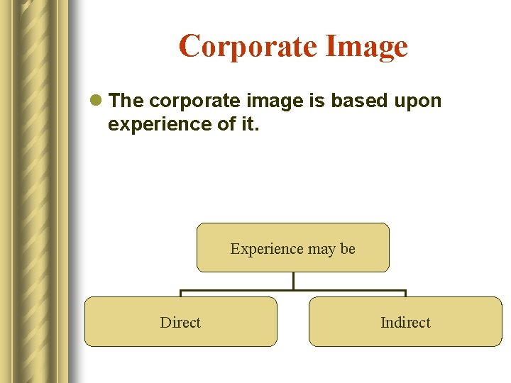 Corporate Image l The corporate image is based upon experience of it. Experience may