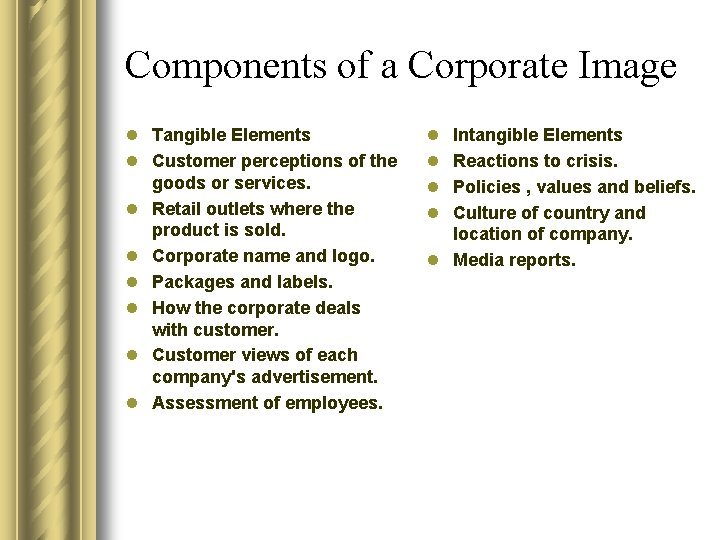 Components of a Corporate Image l Tangible Elements l Customer perceptions of the goods