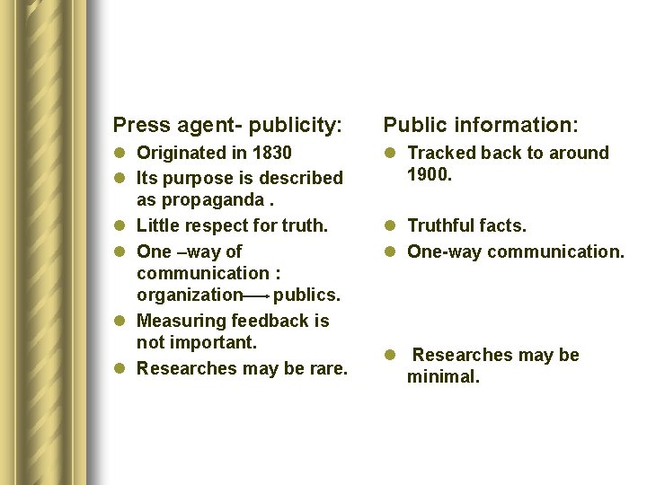 Press agent- publicity: Public information: l Originated in 1830 l Its purpose is described