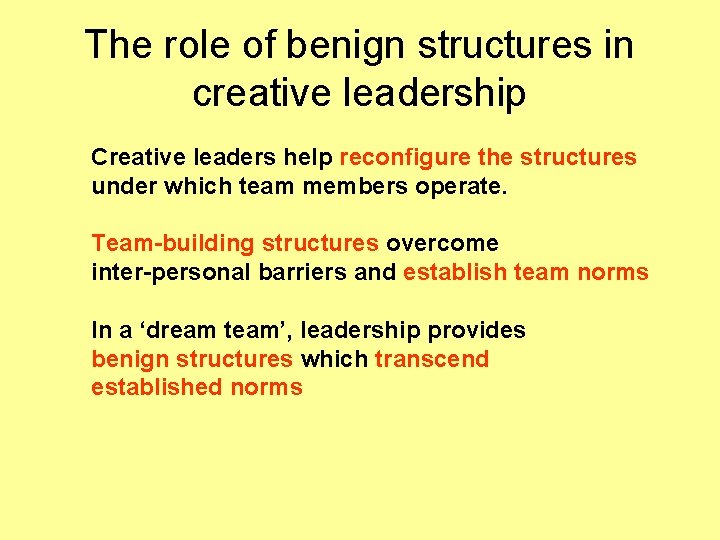 The role of benign structures in creative leadership Creative leaders help reconfigure the structures