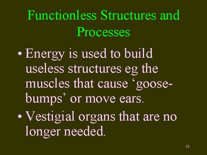 Functionless Structures and Processes • Energy is used to build useless structures eg the