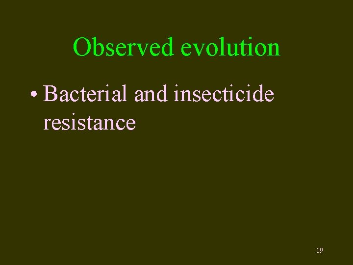 Observed evolution • Bacterial and insecticide resistance 19 