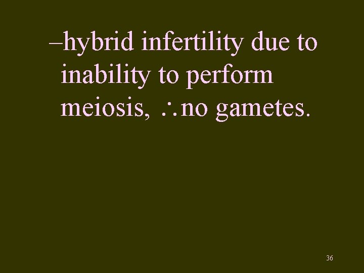 –hybrid infertility due to inability to perform meiosis, no gametes. 36 