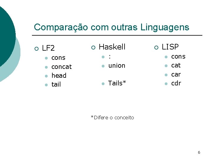 Comparação com outras Linguagens ¡ LF 2 l l cons concat head tail ¡