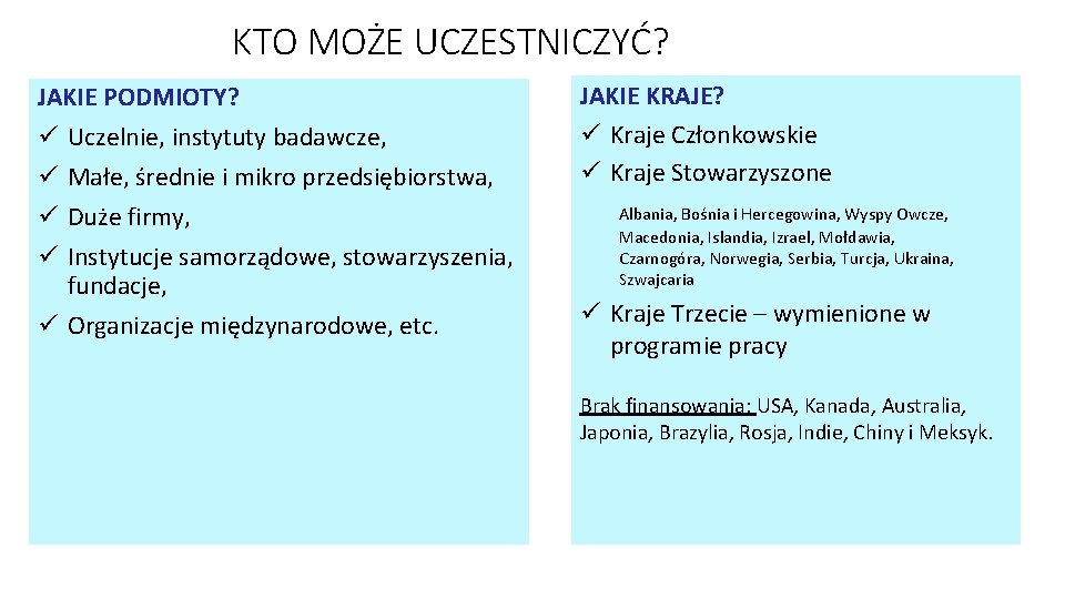 KTO MOŻE UCZESTNICZYĆ? JAKIE PODMIOTY? ü Uczelnie, instytuty badawcze, ü Małe, średnie i mikro