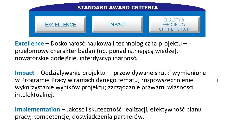 STANDARD AWARD CRITERIA EXCELLENCE IMPACT QUALITY & EFFICIENCY OF THE ACTION Excellence – Doskonałość