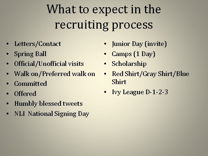 What to expect in the recruiting process • • Letters/Contact Spring Ball Official/Unofficial visits