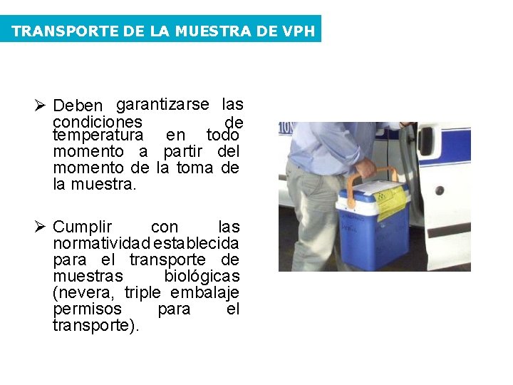 TRANSPORTE DE LA MUESTRA DE VPH Deben garantizarse las condiciones de temperatura en todo