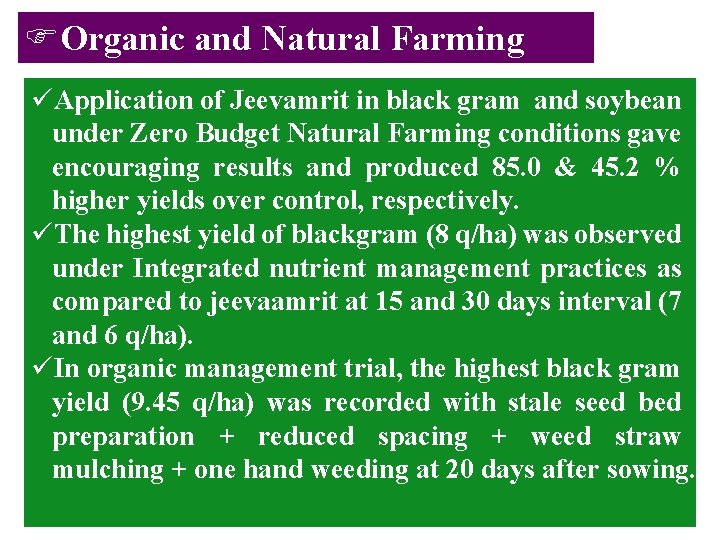 FOrganic and Natural Farming üApplication of Jeevamrit in black gram and soybean under Zero