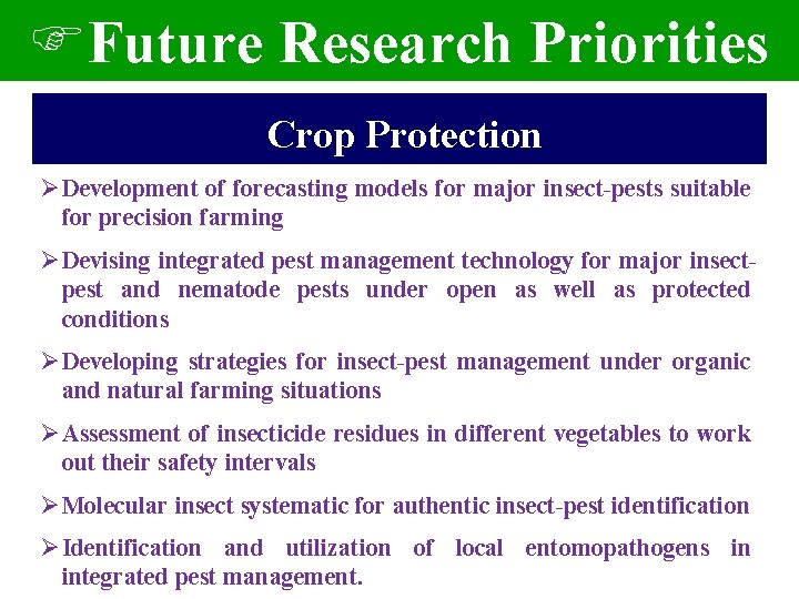 FFuture Research Priorities Crop Protection ØDevelopment of forecasting models for major insect-pests suitable for