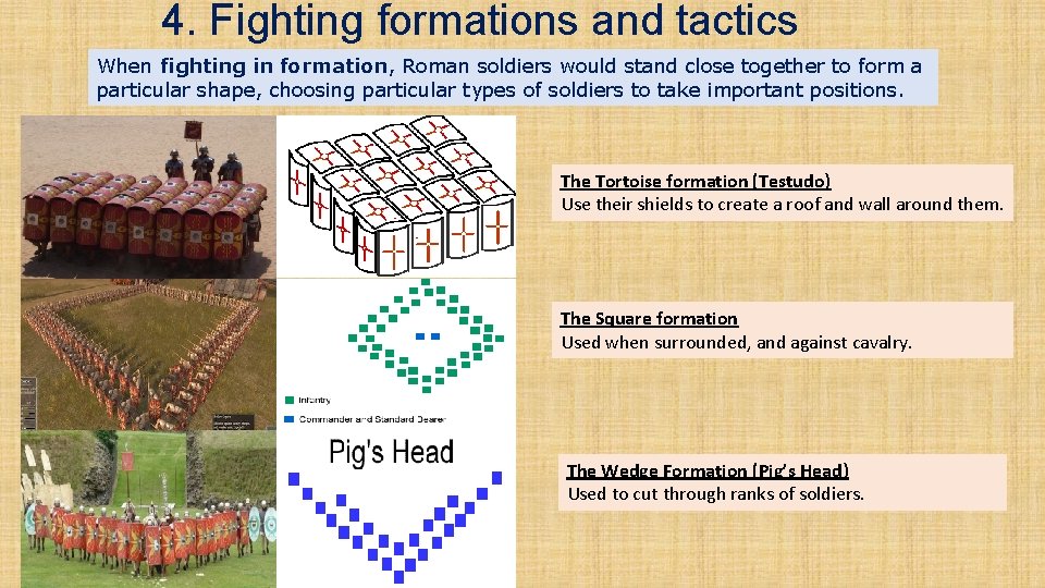 4. Fighting formations and tactics When fighting in formation, Roman soldiers would stand close