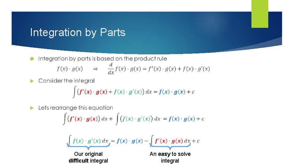 Integration by Parts Our original difficult integral An easy to solve integral 