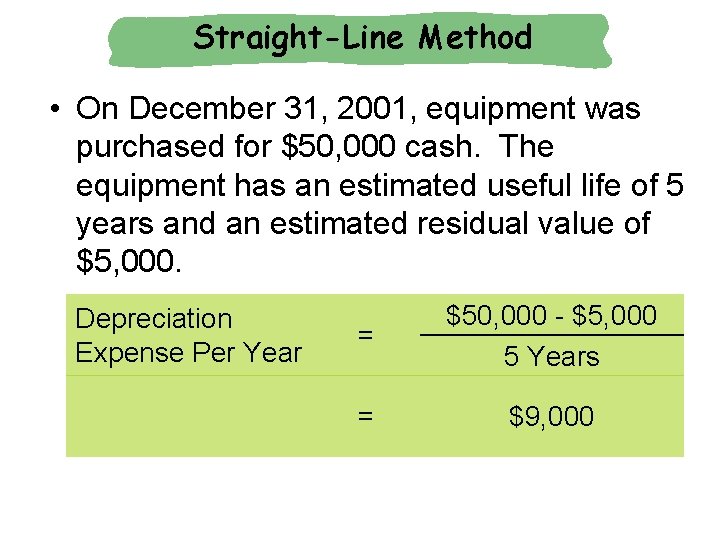 Straight-Line Method • On December 31, 2001, equipment was purchased for $50, 000 cash. Straight-Line Method • On December 31, 2001, equipment was purchased for $50, 000 cash.