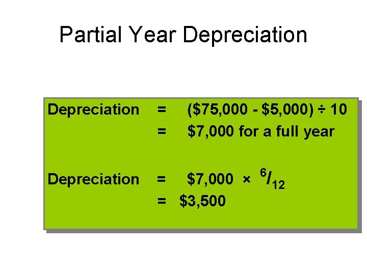 Partial Year Depreciation = = ($75, 000 - $5, 000) ÷ 10 $7, 000 Partial Year Depreciation = = ($75, 000 - $5, 000) ÷ 10 $7, 000