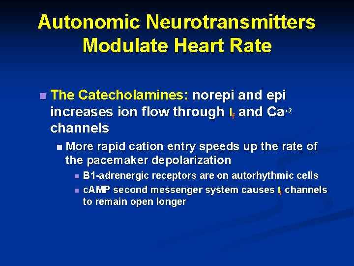 Autonomic Neurotransmitters Modulate Heart Rate n The Catecholamines: norepi and epi increases ion flow