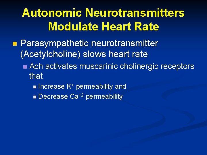 Autonomic Neurotransmitters Modulate Heart Rate n Parasympathetic neurotransmitter (Acetylcholine) slows heart rate n Ach