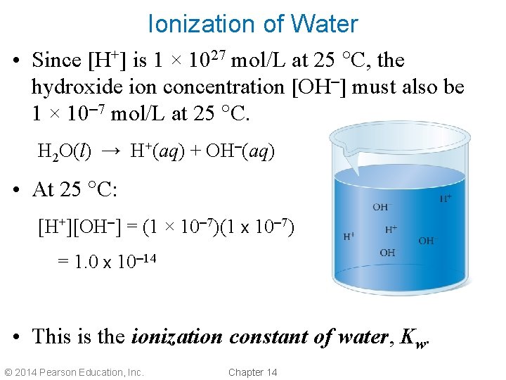 Ionization of Water • Since [H+] is 1 × 1027 mol/L at 25 C,