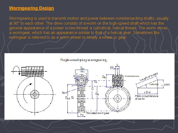 Wormgearing Design Wormgearing is used to transmit motion and power between nonintersecting shafts, usually