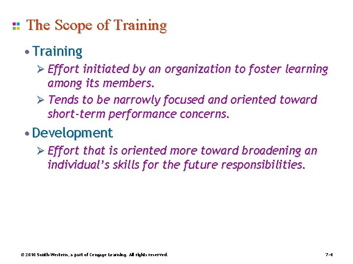 The Scope of Training • Training Ø Effort initiated by an organization to foster