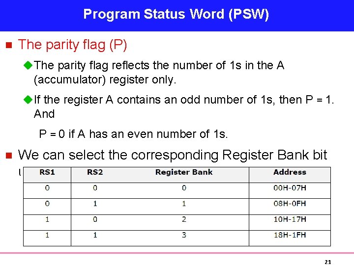 Program Status Word (PSW) n The parity flag (P) u The parity flag reflects