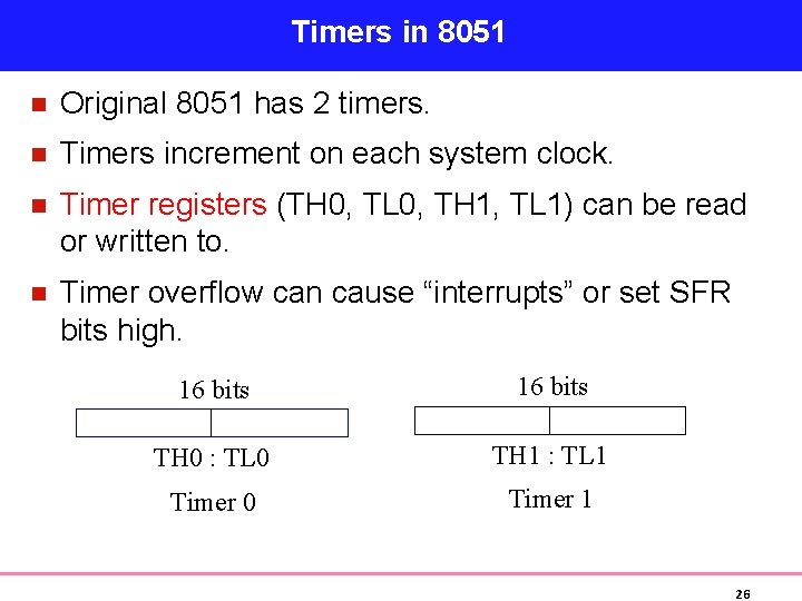 Timers in 8051 n Original 8051 has 2 timers. n Timers increment on each