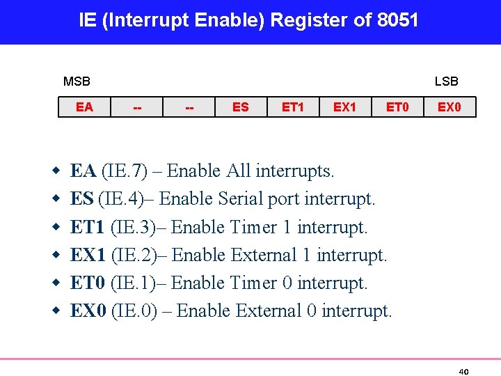IE (Interrupt Enable) Register of 8051 MSB EA w w w LSB -- --