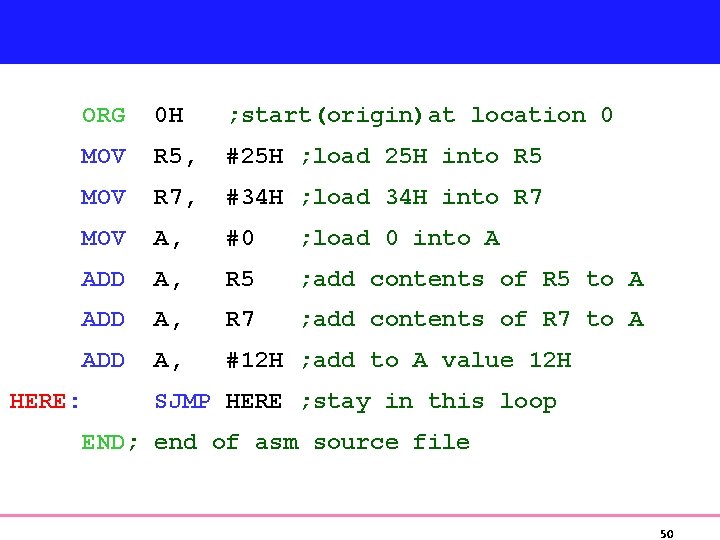 ORG 0 H ; start(origin)at location 0 MOV R 5, #25 H ; load