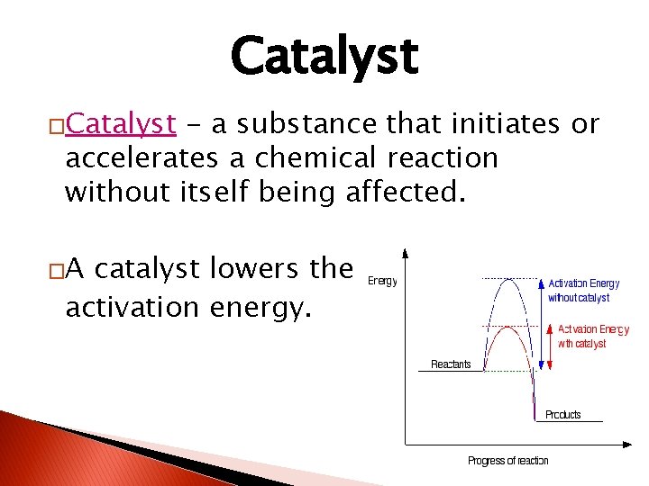 Catalyst �Catalyst - a substance that initiates or accelerates a chemical reaction without itself