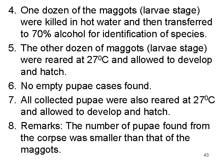 4. One dozen of the maggots (larvae stage) were killed in hot water and