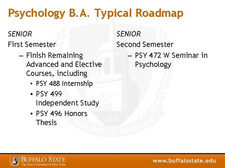 Psychology B. A. Typical Roadmap SENIOR First Semester – Finish Remaining Advanced and Elective