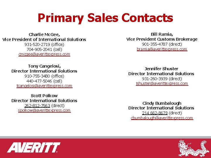 Primary Sales Contacts Charlie Mc. Gee, Vice President of International Solutions 931 -520 -2719