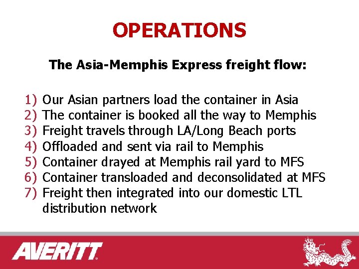 OPERATIONS The Asia-Memphis Express freight flow: 1) 2) 3) 4) 5) 6) 7) Our
