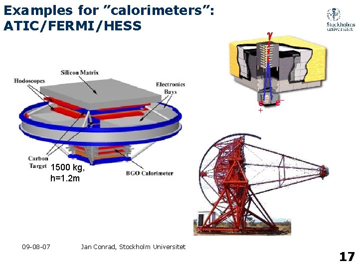 Examples for ”calorimeters”: ATIC/FERMI/HESS e e– + 1500 kg, h=1. 2 m 09 -08