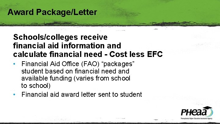 Award Package/Letter Schools/colleges receive financial aid information and calculate financial need - Cost less