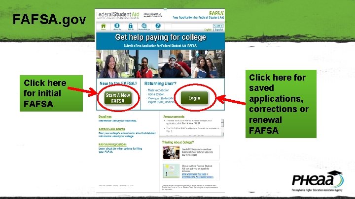 FAFSA. gov Click here for initial FAFSA Click here for saved applications, corrections or