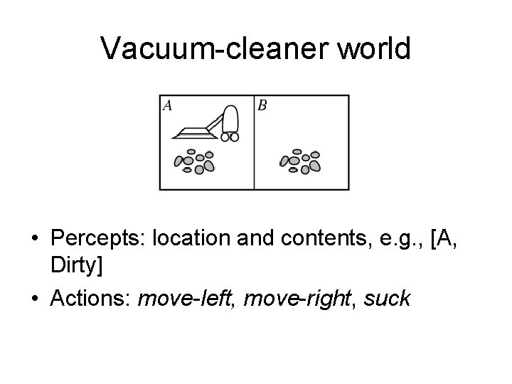 Vacuum-cleaner world • Percepts: location and contents, e. g. , [A, Dirty] • Actions: