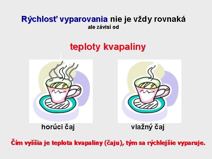 Rýchlosť vyparovania nie je vždy rovnaká ale závisí od teploty kvapaliny horúci čaj vlažný