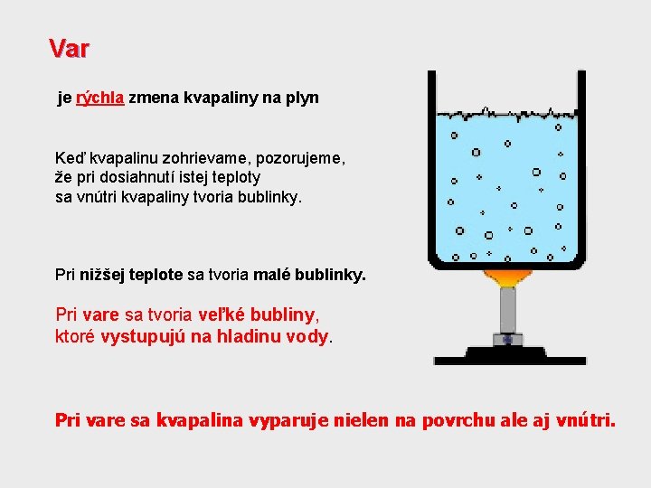 Var je rýchla zmena kvapaliny na plyn Keď kvapalinu zohrievame, pozorujeme, že pri dosiahnutí