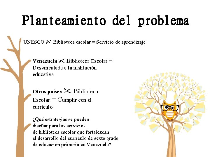 Planteamiento del problema UNESCO Biblioteca escolar = Servicio de aprendizaje Venezuela Biblioteca Escolar =